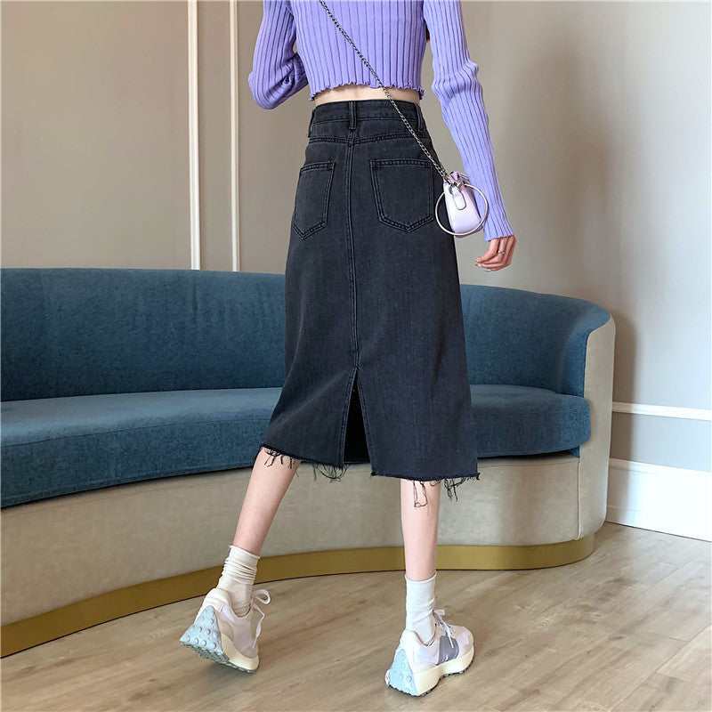 Damen Denimrock Midi unregelmäßiger Saum Blau Eveloria