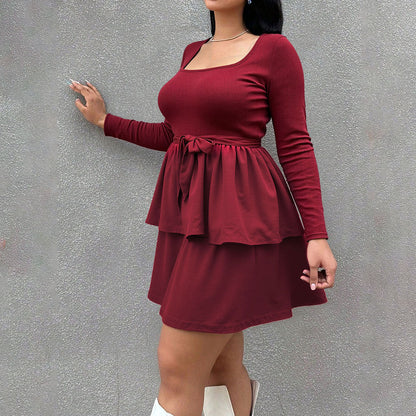 Damen Minikleid Quadratischer Ausschnitt Rüschen Taillenband