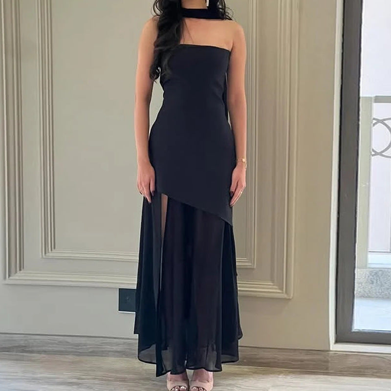 Damen Maxikleid Asymmetrisch Transparenter Überrock