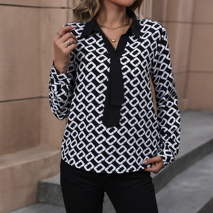 Damen Bluse Grafisches Muster Elegante Schleife Blau - Eveloria