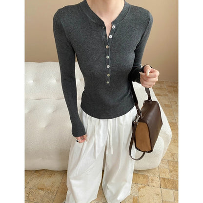 Damen Langarm Henley-Shirt Rippmaterial Knopfleiste Weiss Eveloria
