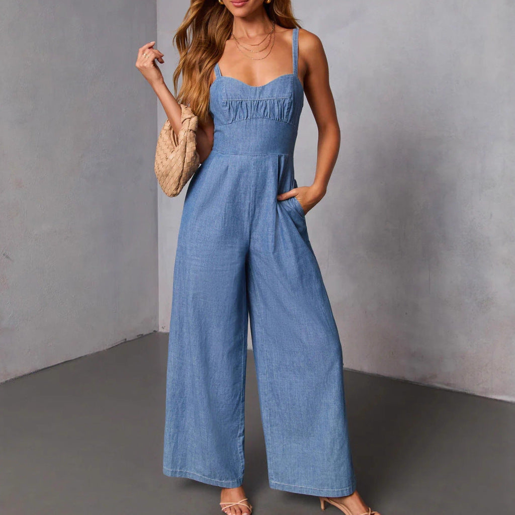 Damen Jeans-Jumpsuit Weites Bein Elegant Schwarz Eveloria - Eveloria