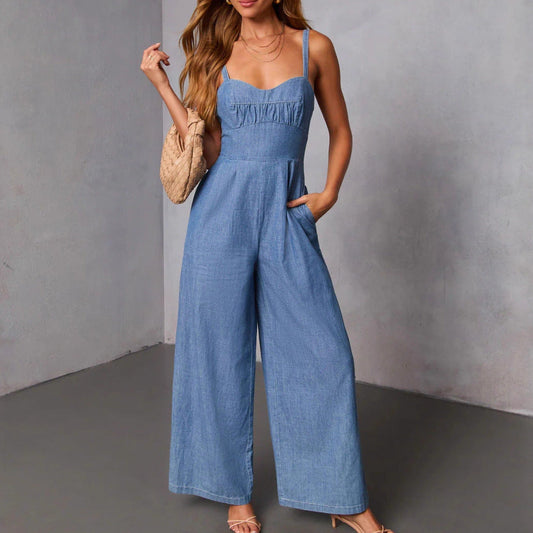 Damen Jeans-Jumpsuit Weites Bein Elegant Schwarz Eveloria - Eveloria
