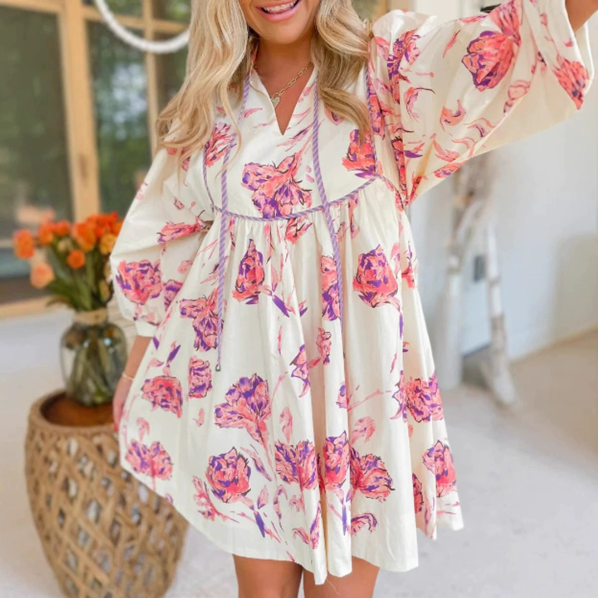Damen Sommerkleid V-Ausschnitt stilvolles Print Minikleid - Eveloria