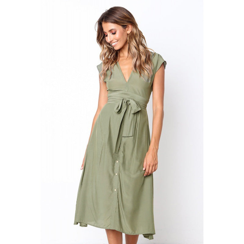 Damen Midi-Kleid V-Ausschnitt Taillengürtel Eveloria