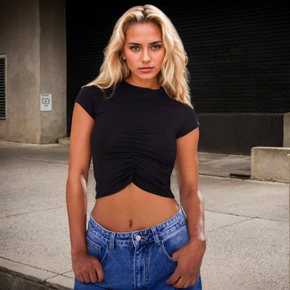 Damen Kurzarmshirt Figurbetont Raffung Eveloria