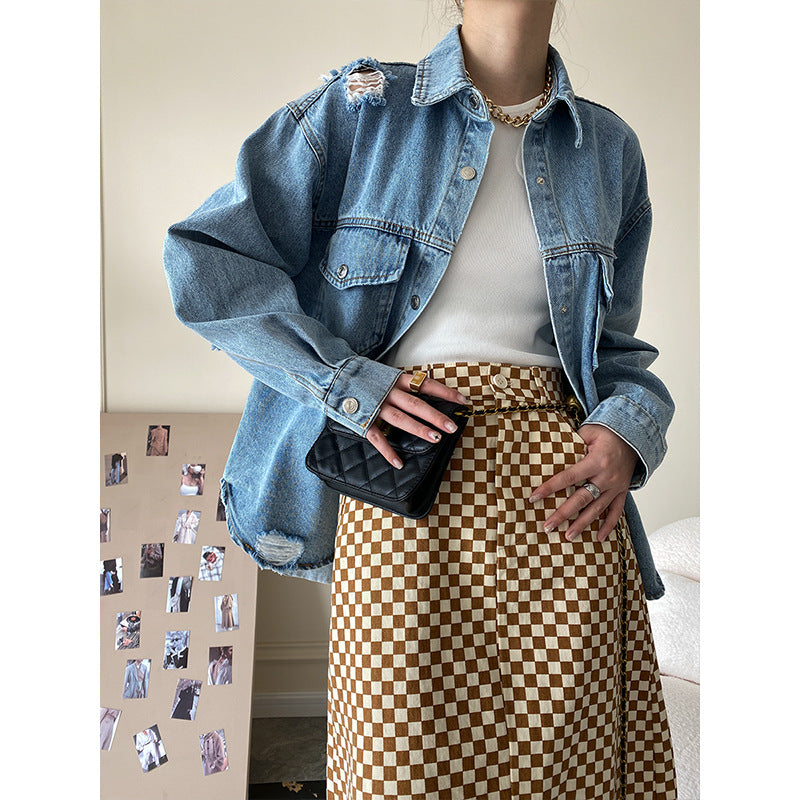 Damen Jeansjacke Used Look Große Taschen Schwarz Eveloria - Eveloria