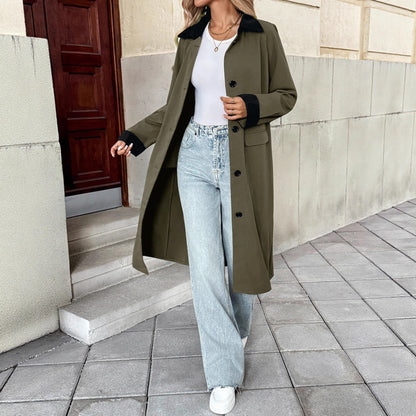 Damen Übergangsjacke Lang mit dekorativem Kragen und Taschen