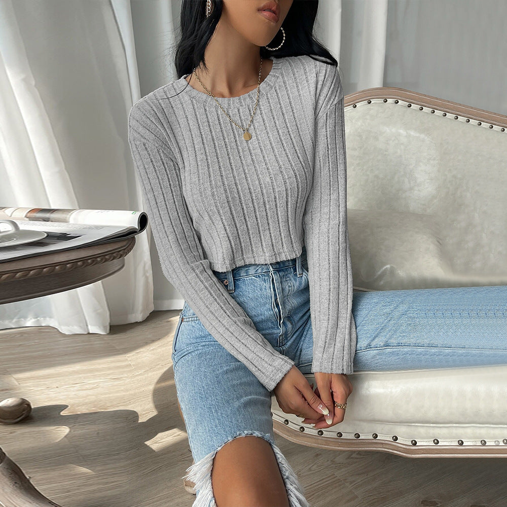 Damen Cropped Pullover Feine Rippstruktur Lange Ärmel Eveloria