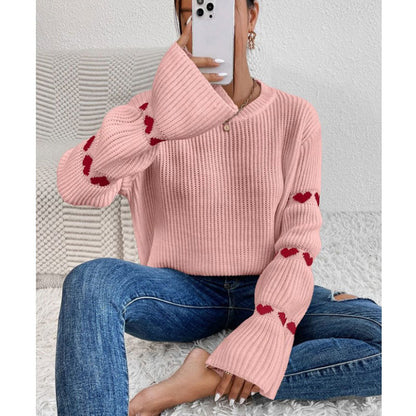 Damen Strickpullover Weite Ärmel Herz Applikation