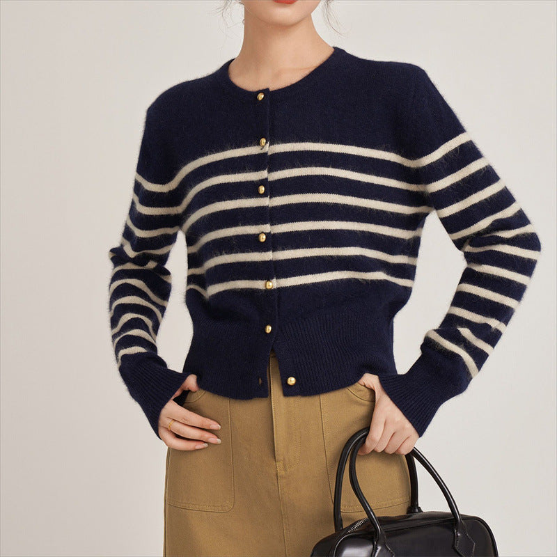 Damen Strickjacke Streifenmuster Dekorative Knöpfe Eveloria