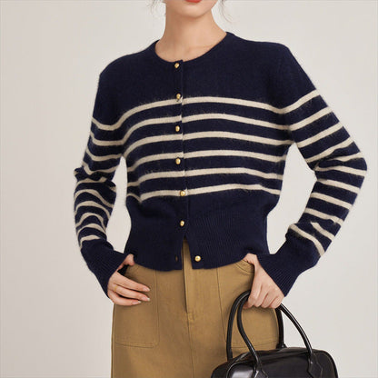 Damen Strickjacke Streifenmuster Dekorative Knöpfe Eveloria