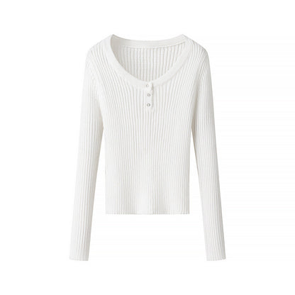 Damen Ripp-T-Shirt Langärmlig mit Knöpfen Eveloria