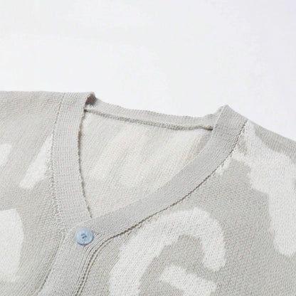 Damen Strickjacke V-Ausschnitt mit Schriftmuster Anthrazit