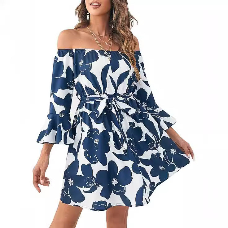 Damen Off-Shoulder Kleid Bunt Muster Eveloria