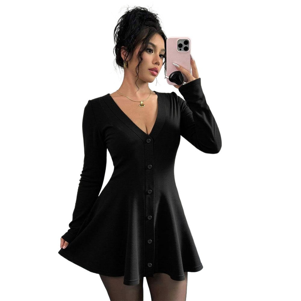 Damen Strickkleid Knielang V-Ausschnitt Knopfleiste Eveloria
