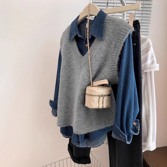 Damen Strickpullover V-Ausschnitt Lässiger Denim Look Blau - Eveloria