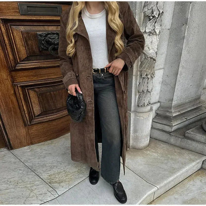 Damen Suede-Trenchcoat Eveloria Elegantes Design Braun