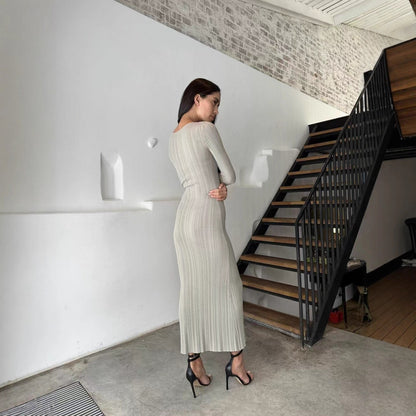 Damen Maxikleid Rippstrick Langärmelig Figurbetont Eveloria