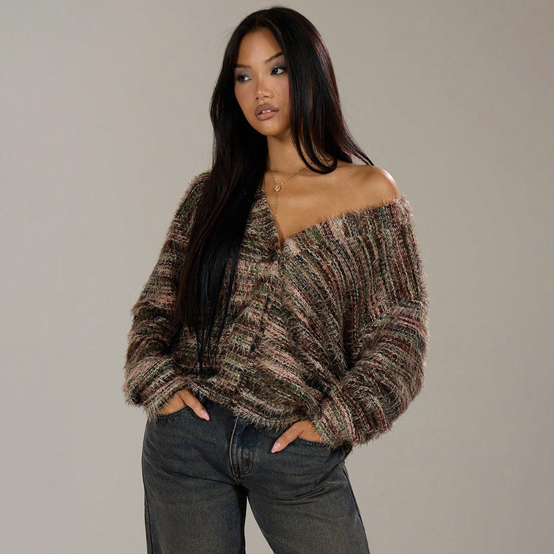 Damen Strickpullover V-Ausschnitt Luftig Farbverlauf