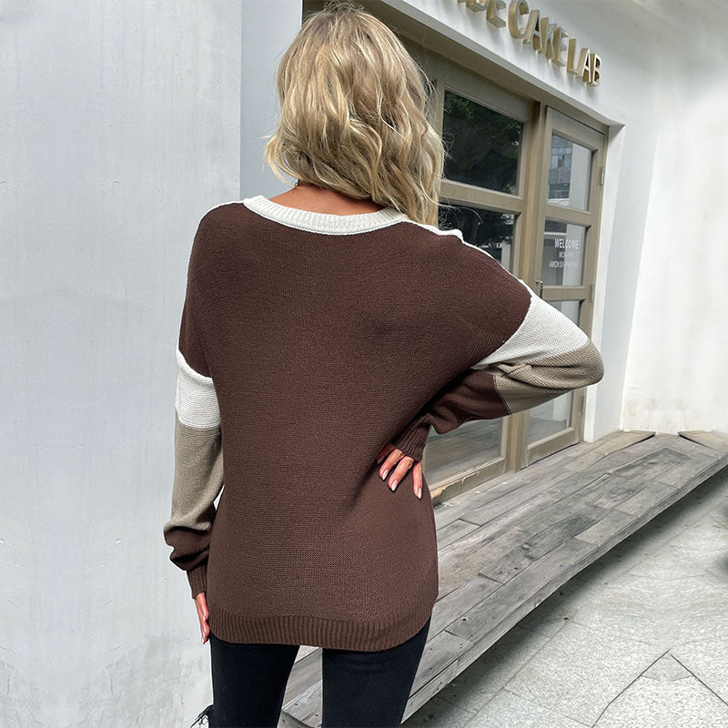 Damen Strickpullover Tiermuster Farbblockdesign Grau Beige