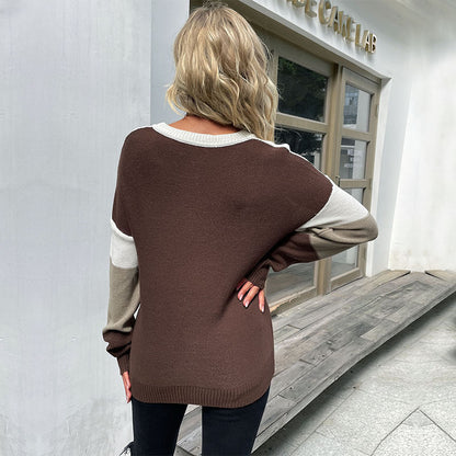 Damen Strickpullover Tiermuster Farbblockdesign Grau Beige