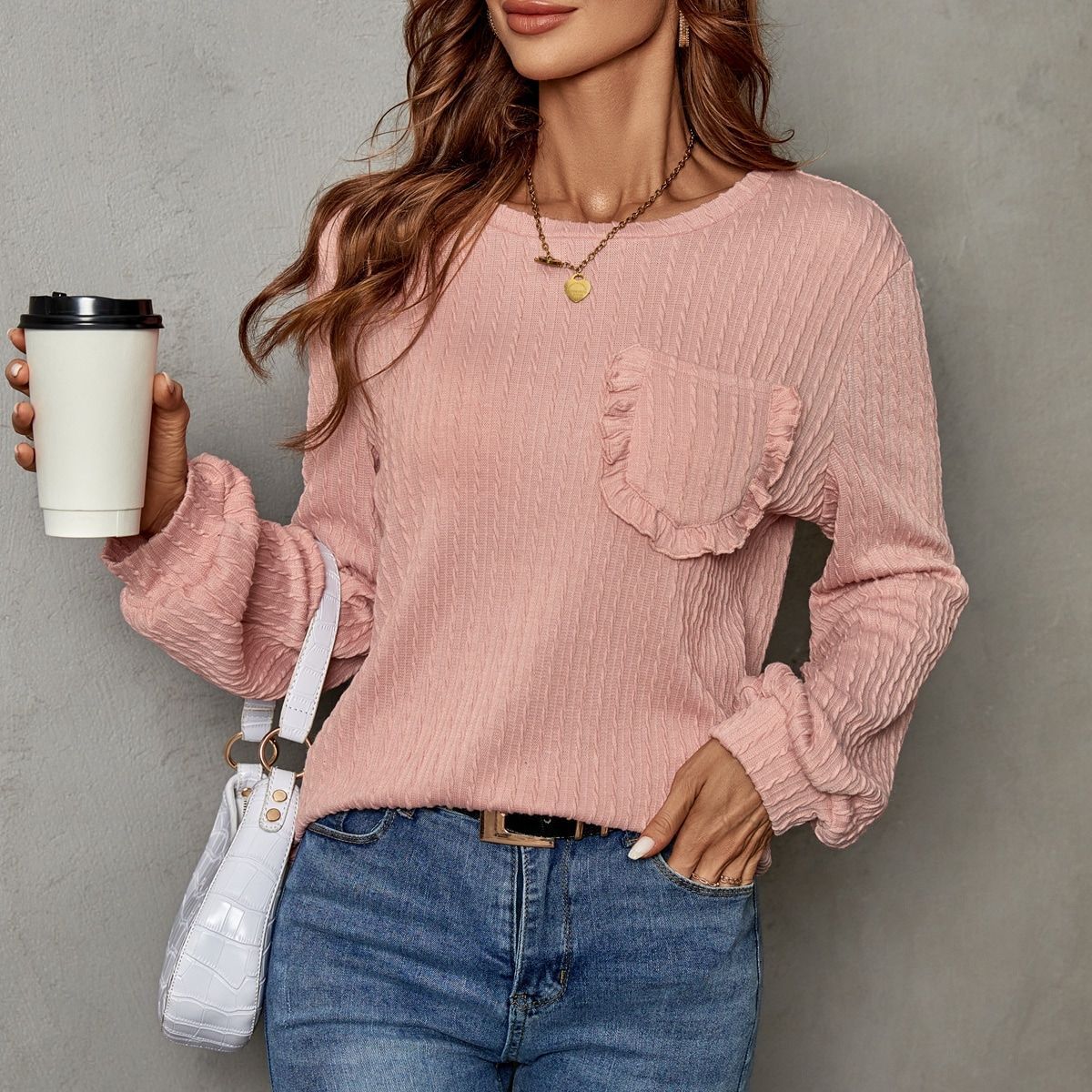 Damen Pullover Lässig Rüschendetails Taschen Beige