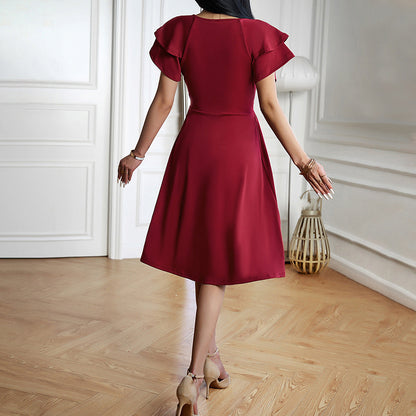 Eveloria Damen Einfarbiges V-Ausschnitt Kurzarmkleid