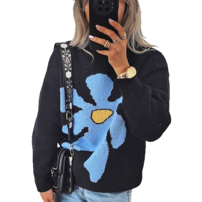 Damen Strickpullover Bunt Blumenmotiv Überschnittene Schultern