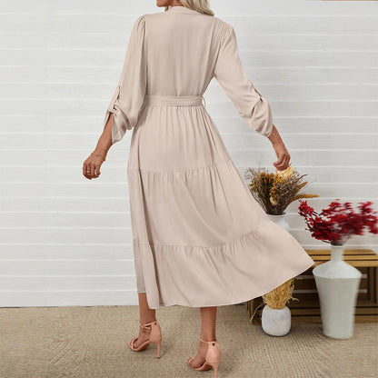 Damen Maxikleid V-Ausschnitt Taillierter Gürtel Eveloria