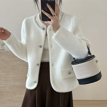 Damen Strickjacke Flauschig mit Perlen