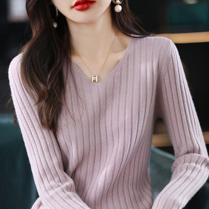 Damen Strickpullover V-Ausschnitt Feine Rippenstruktur Eveloria