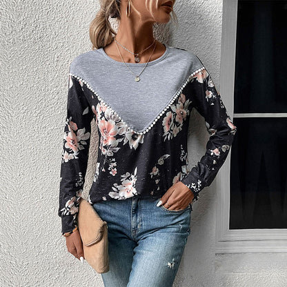 Damen Sweatshirt Floralmuster V-Ausschnitt Rüschen Elegant - Eveloria