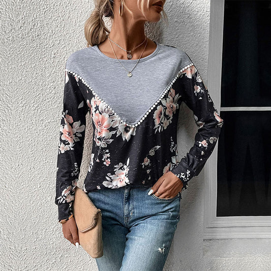 Damen Sweatshirt Floralmuster V-Ausschnitt Rüschen Elegant - Eveloria