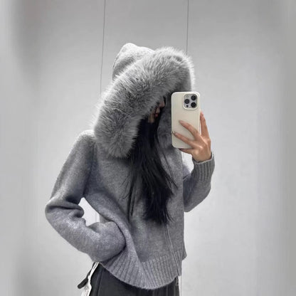 Damen Strickjacke Weich Kapuze Abnehmbar Beige Eveloria