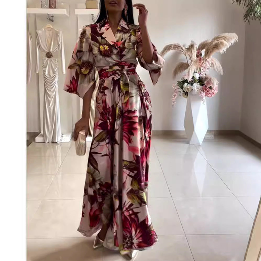 Damen Blumenkleid Tailliert Gürtel Weite Ärmel Eveloria - Eveloria