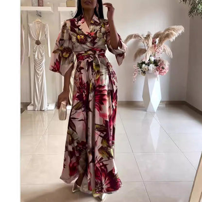 Damen Blumenkleid Tailliert Gürtel Weite Ärmel Eveloria - Eveloria