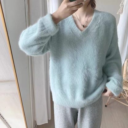 Damen Pullover V-Ausschnitt Weiches Material Flauschig Beige