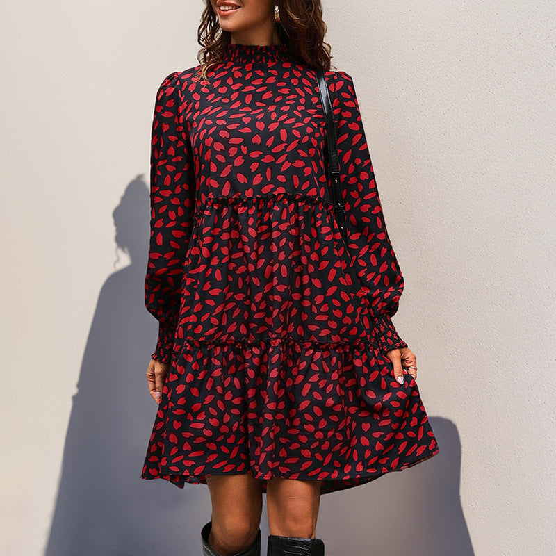 Damen Midi-Kleid Rüschendetails Langer Arm Eveloria