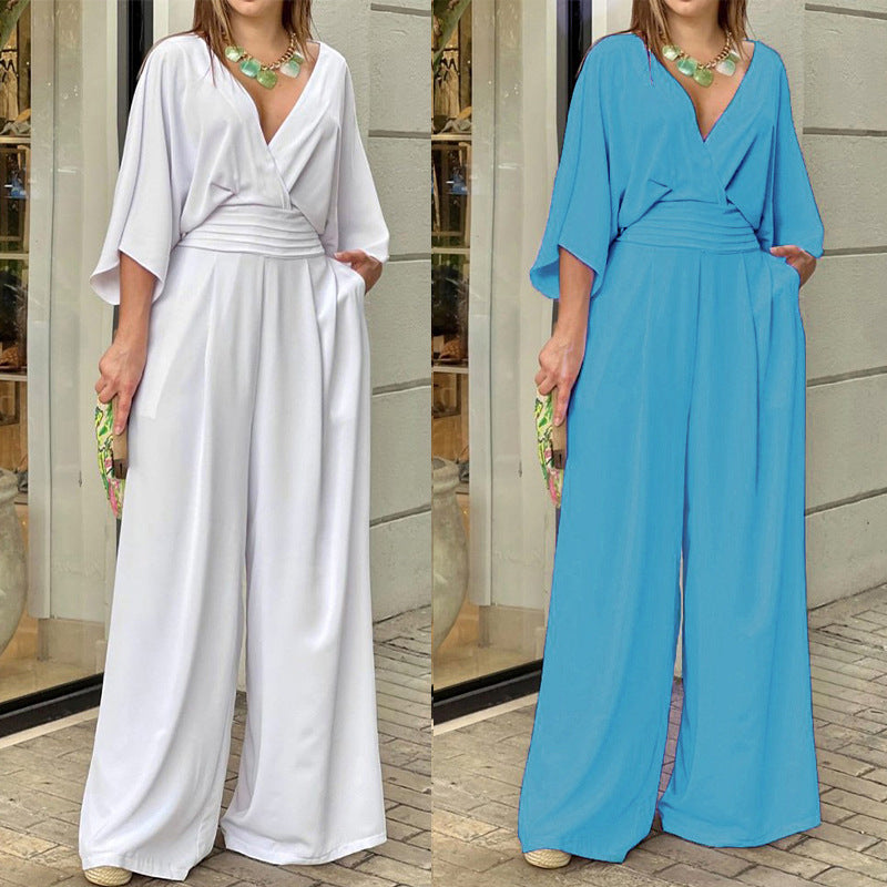 Damen Jumpsuit Weites Bein Elegant Wickeloberteil Eveloria