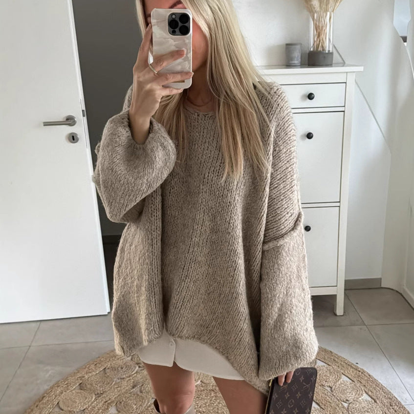 Damen Oversized Pullover Weich Voluminöse Ärmel Beige Eveloria