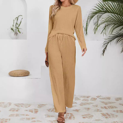Damen Freizeit-Set Rippstruktur Elastischer Bund Beige