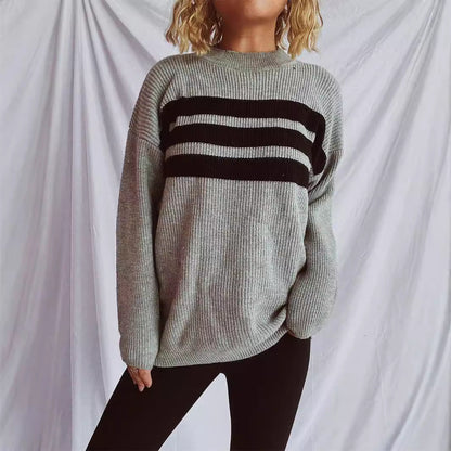 Damen Strickpullover Oversized Horizontalstreifen Beige