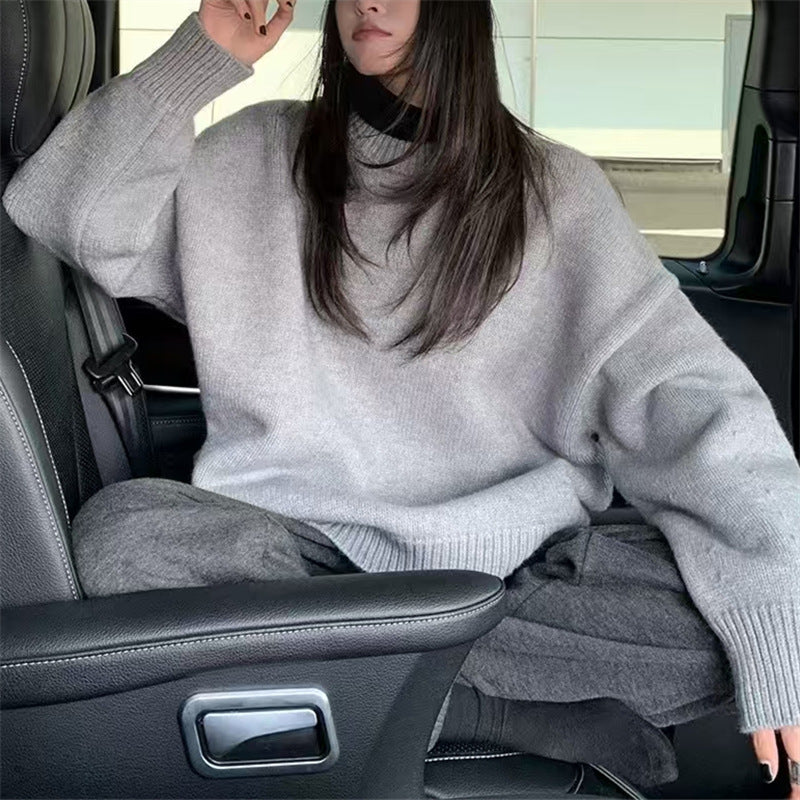 Damen Oversized Pullover Rundhalsausschnitt Kuschelstrick Beige