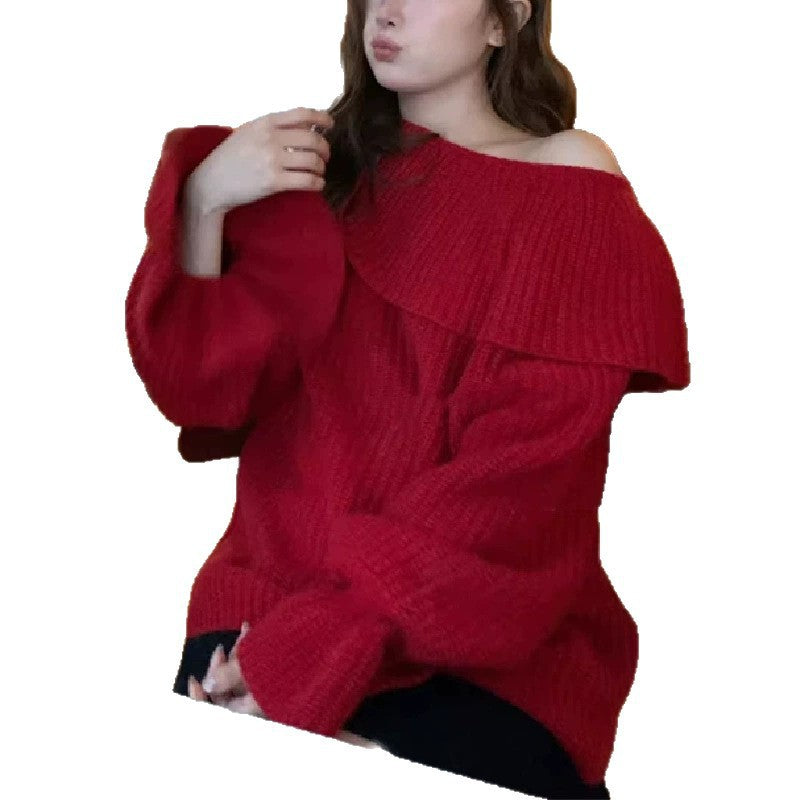 Damen Off-Shoulder Pullover Grobstrick Eveloria