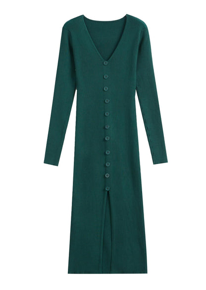 Damen Langarm Strickkleid V-Ausschnitt Durchgehende Knopfleiste
