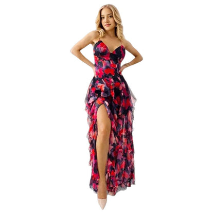 Damen Maxikleid Chiffon Fließend Rüschendetails Blumenmuster