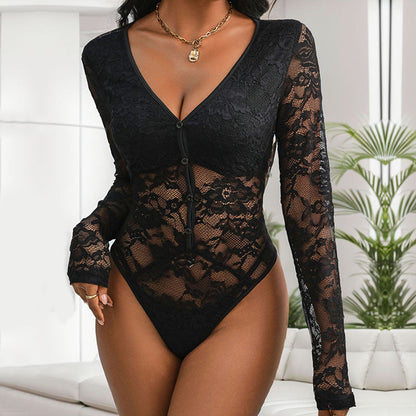 Damen Spitze Body Knöpfe V-Ausschnitt Lange Ärmel Schwarz Eveloria - Eveloria