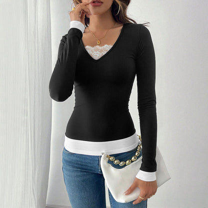Damen Langarmshirt V-Ausschnitt mit Untertop Eveloria
