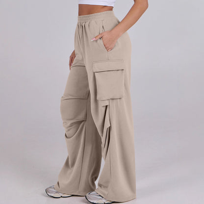 Damen Cargo-Hose Elastischer Bund Weite Beine Beige